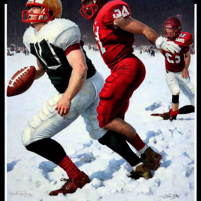 Football players in white and red jerseys playing in the snow