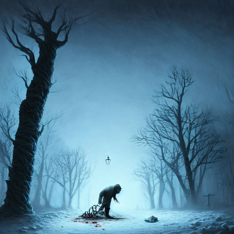 Hunched Figure in Snowy Landscape with Lantern and Bare Trees