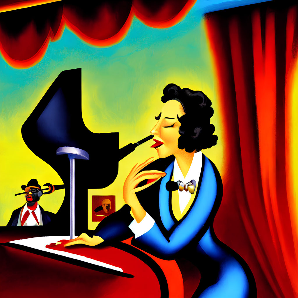 Illustration of woman in blue suit playing piano and singing, man on double bass