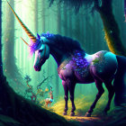 Majestic unicorn in mystical forest with sunlight filtering through trees