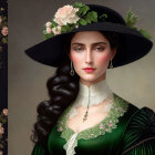 Vintage green dress with lace collar and wide-brimmed hat portrait.