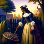 Vintage-clad woman tending garden at sunset