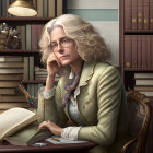 Curly Grey-Haired Woman Sitting by Book and Lamp