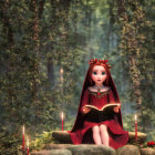 Girl in red hood reading book in mystical forest with candles and flower crown