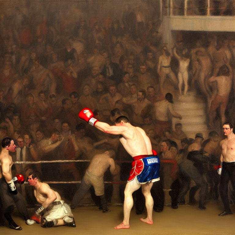 Digitally altered painting: Boxing match with victorious boxer and defeated opponent.