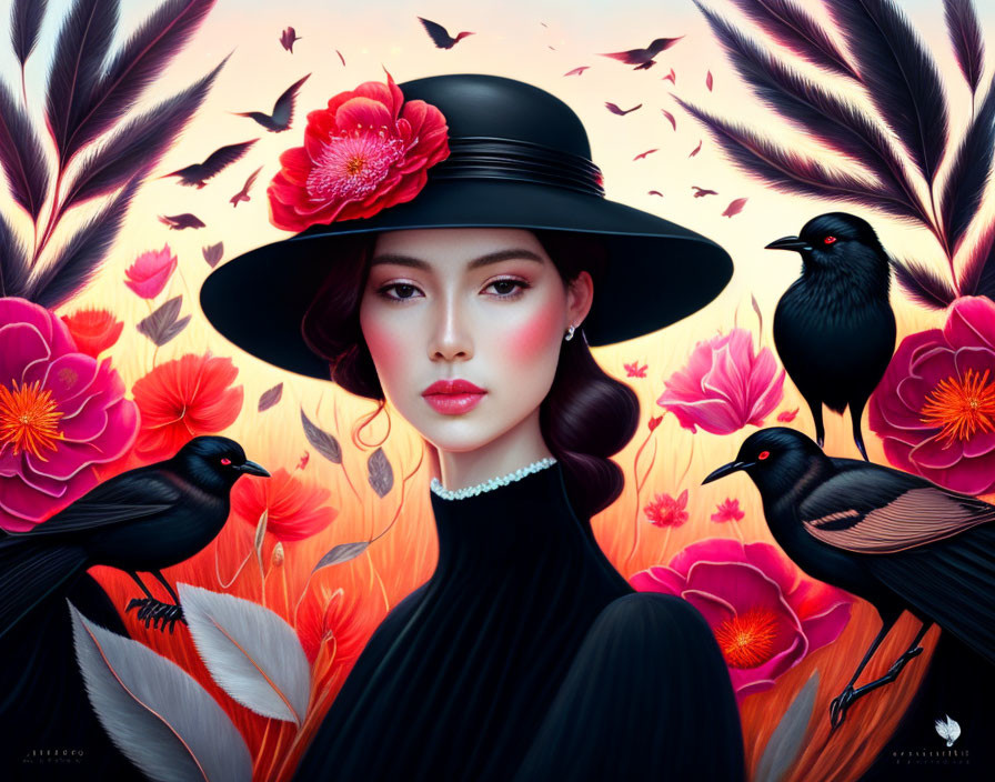 Elegant woman in black hat with vibrant flowers and blackbirds on warm backdrop