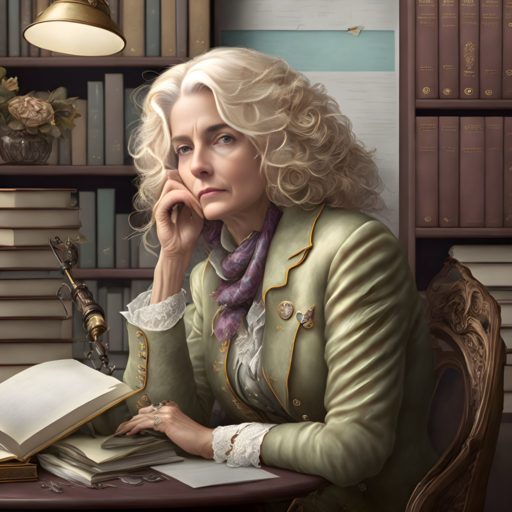 Curly Grey-Haired Woman Sitting by Book and Lamp