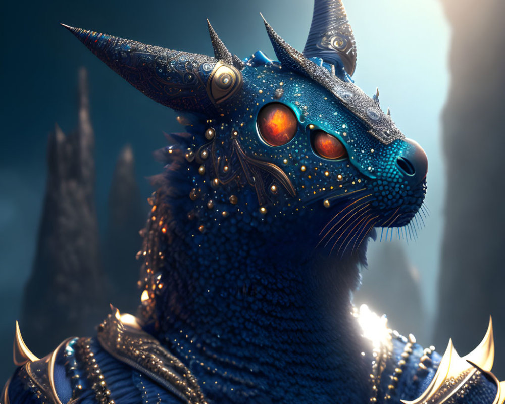 Fantastical blue-scaled dragon in ornate golden armor with glowing orange eyes.