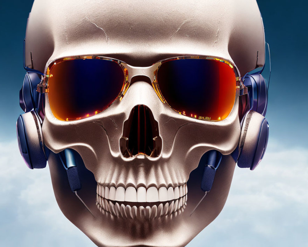 Skull with Sunglasses and Headphones on Blue Background