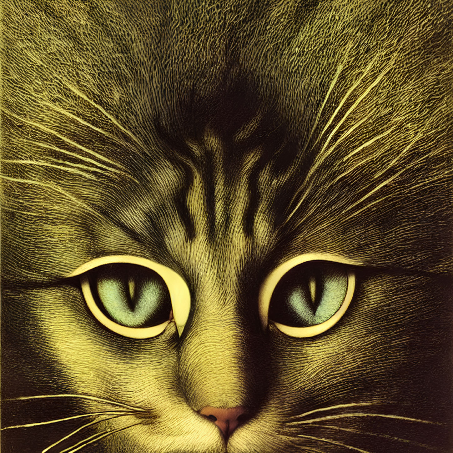 Close-up of cat's face with green eyes and pink nose on dark background