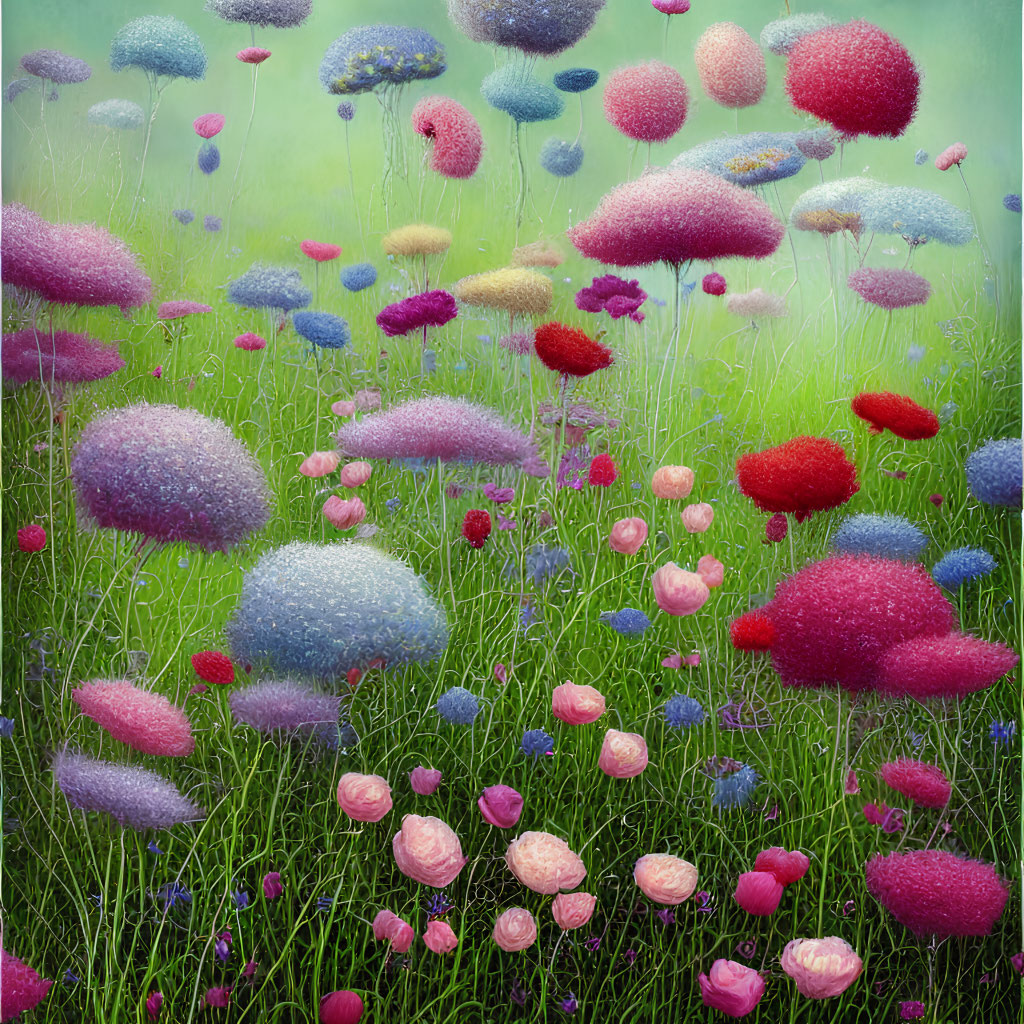 Colorful Mushrooms and Flowers in Misty Field