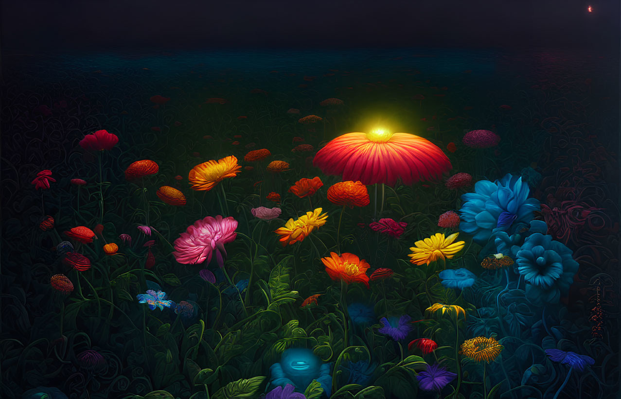 Luminous colorful flowers in mystical garden against dark background