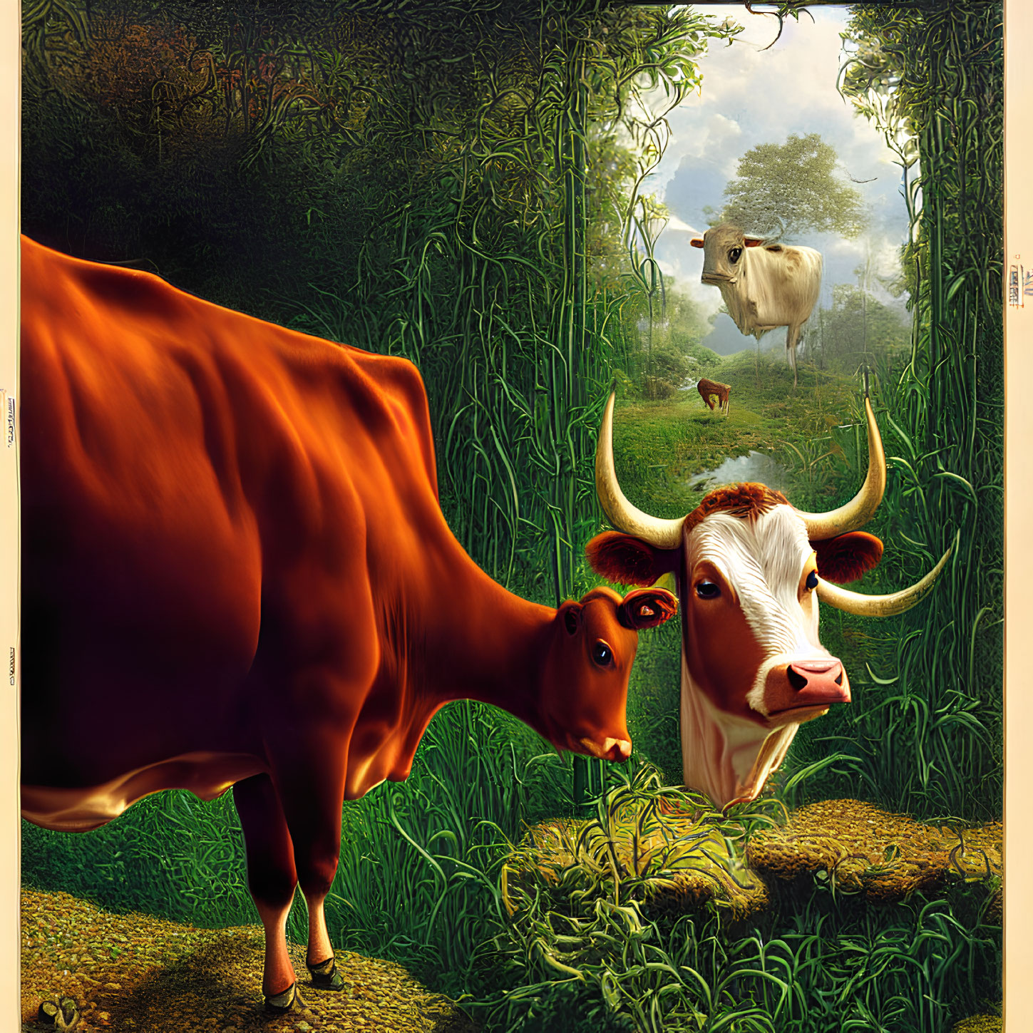 Surreal image of three cows with human-like eyes in lush greenery