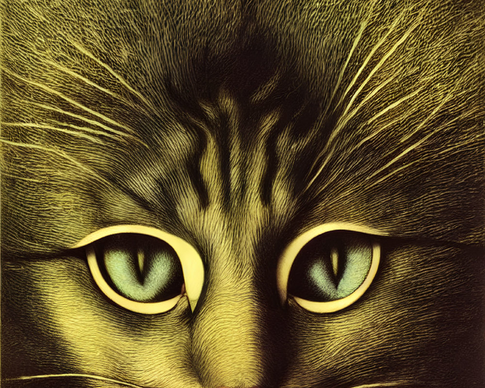 Close-up of cat's face with green eyes and pink nose on dark background