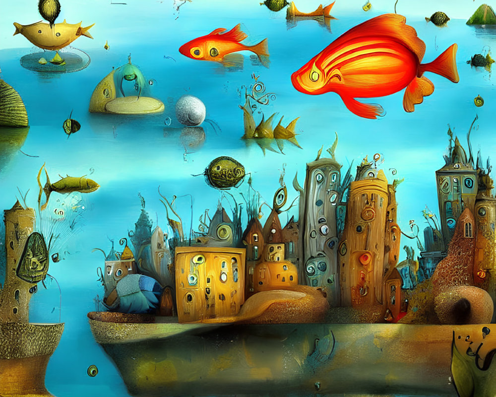 Whimsical underwater city scene with vibrant fish and buildings