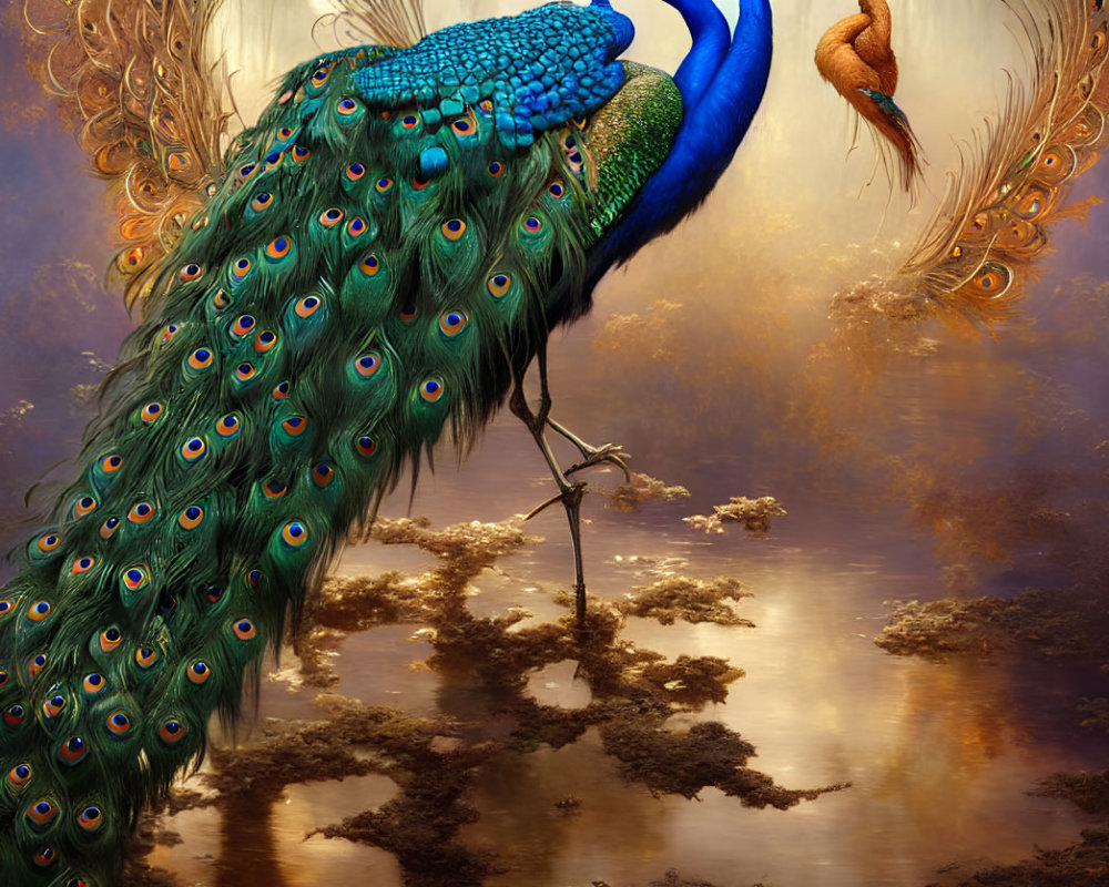 Colorful peacock with stunning tail above reflective waters in golden landscape