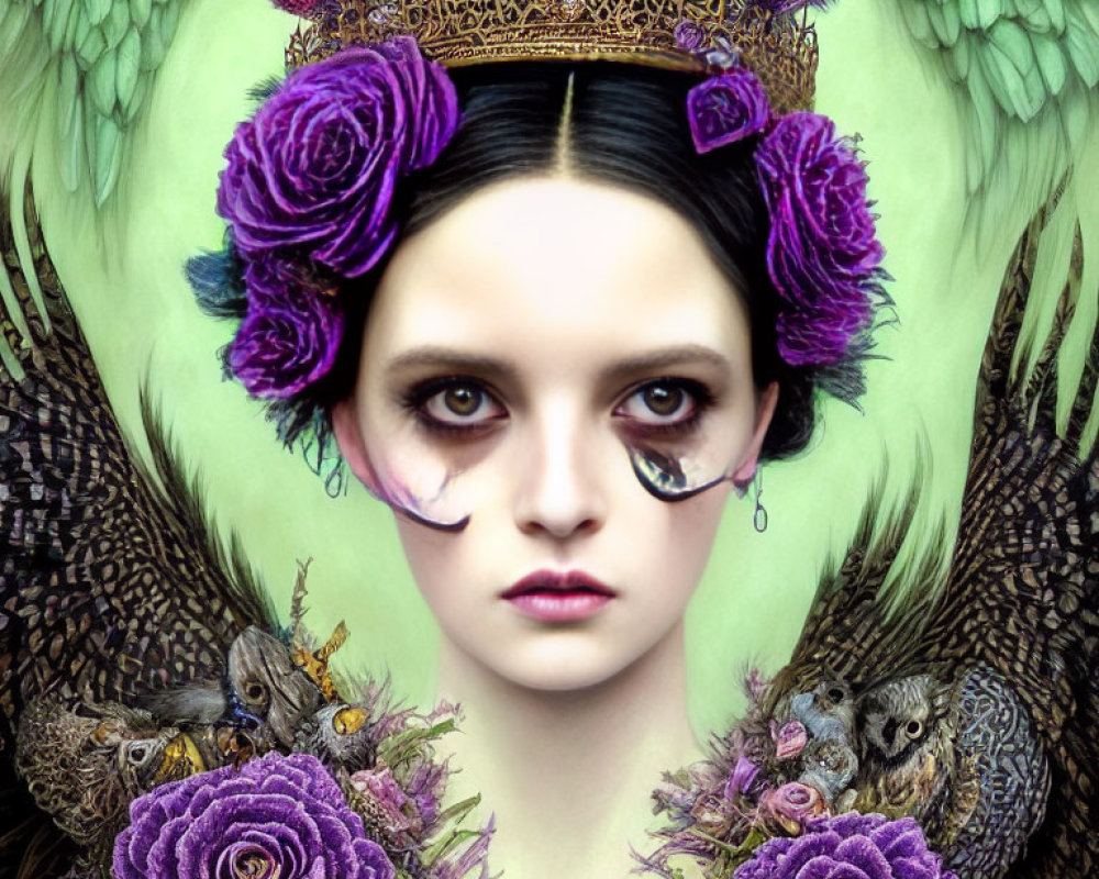 Surreal portrait of woman with crown, dark hair, surrounded by purple roses, owls,