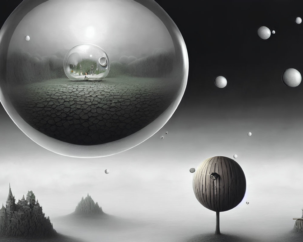 Monochromatic surreal landscape with floating orbs depicting various scenes