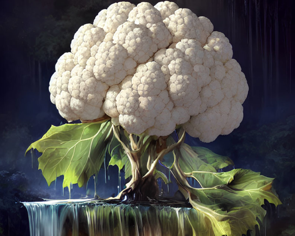 Surreal image: Cauliflower with tree branches on waterfall