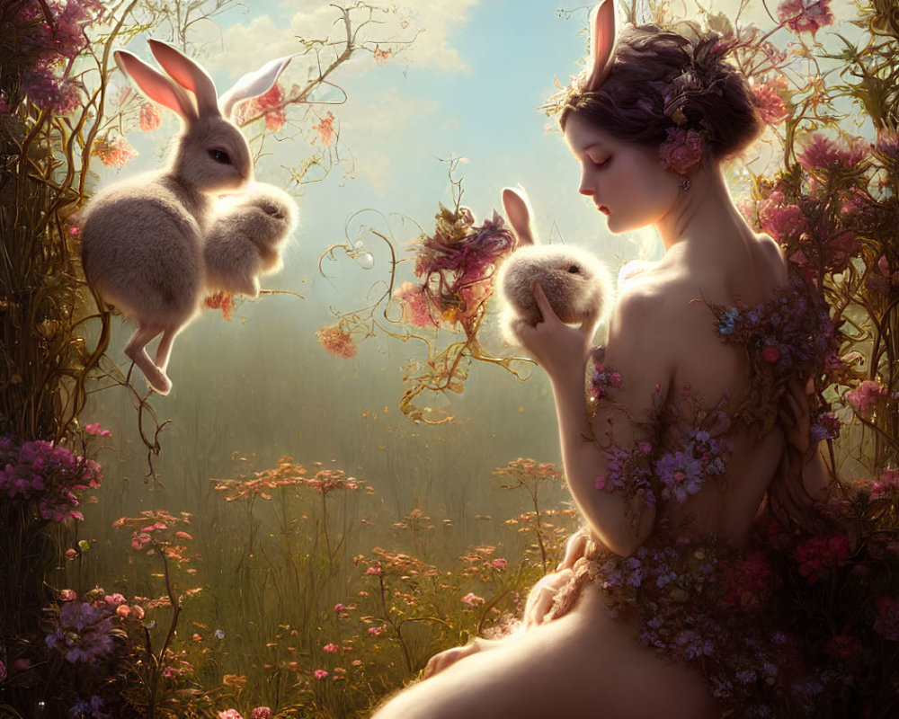 Woman adorned with flowers in meadow with floating rabbit and small rabbit