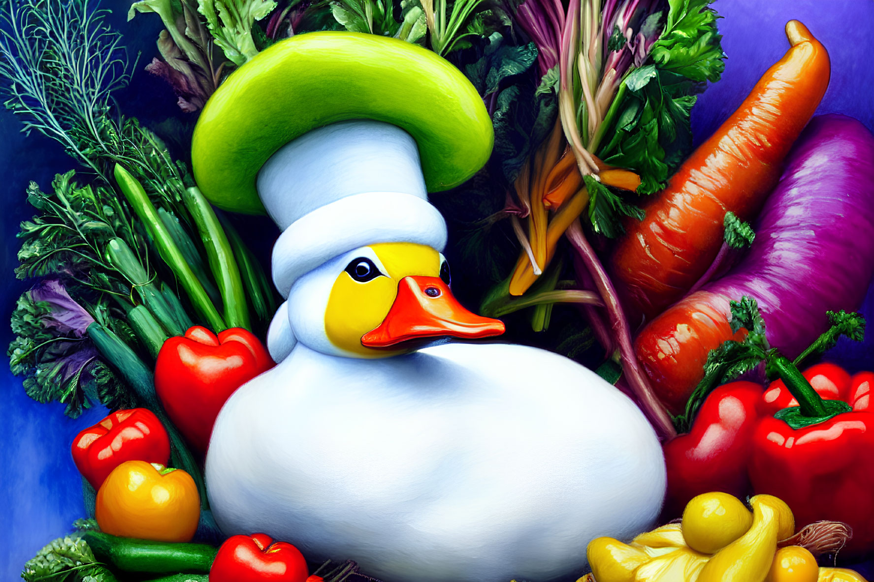 Vibrant duck chef surrounded by colorful vegetables