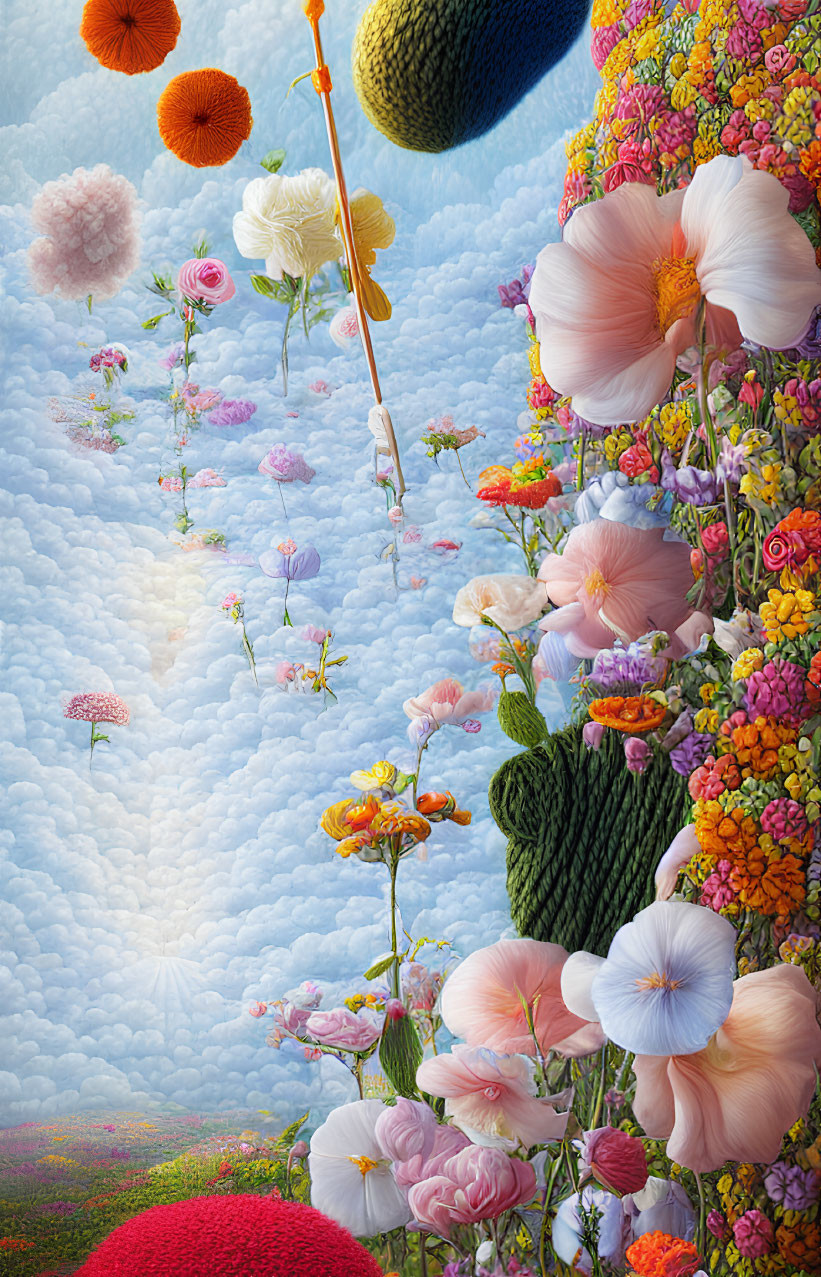 Surreal landscape with flowers, clouds, and spheres in dreamlike garden