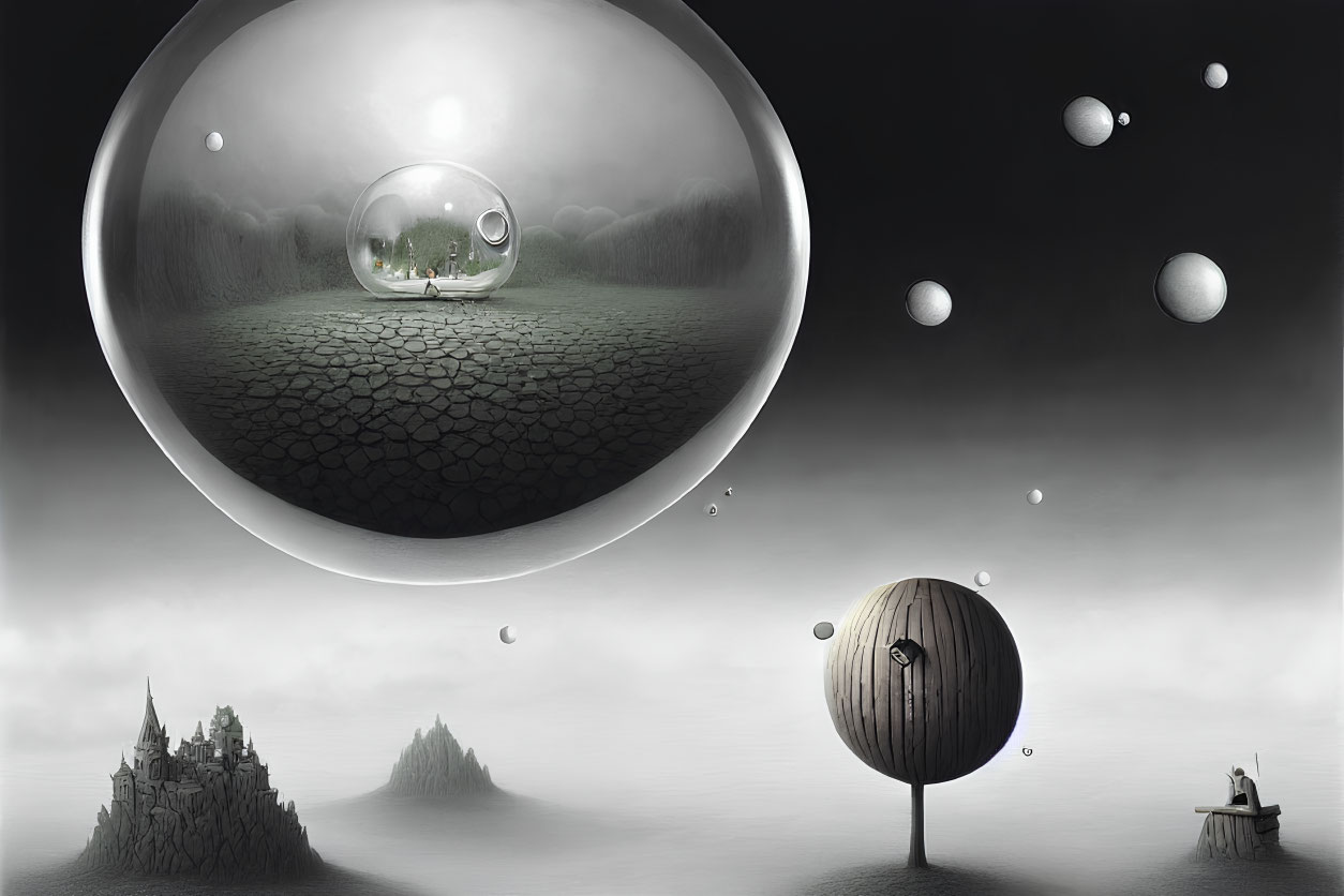 Monochromatic surreal landscape with floating orbs depicting various scenes