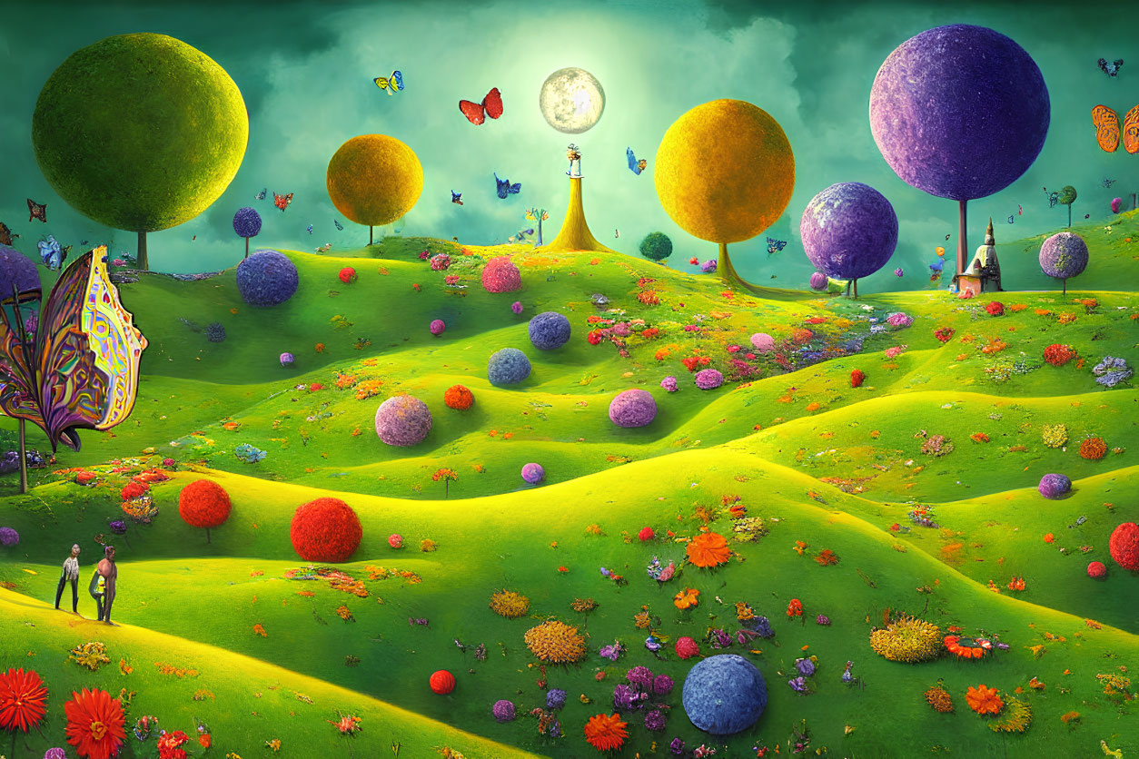 Colorful landscape with spherical trees, moon, butterflies, and couple holding hands