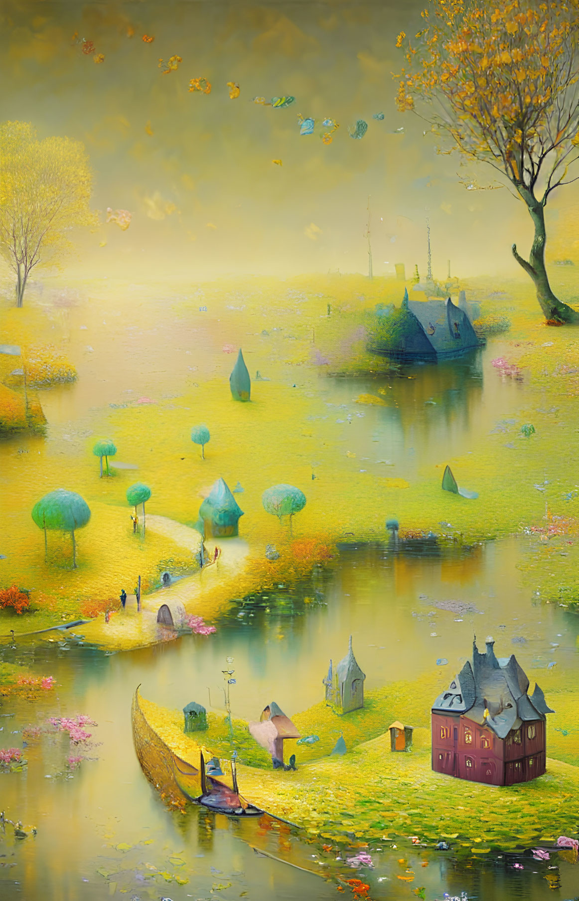 Dreamlike painting of tranquil landscape with floating islands, whimsical trees, canoe, and tiny figures in