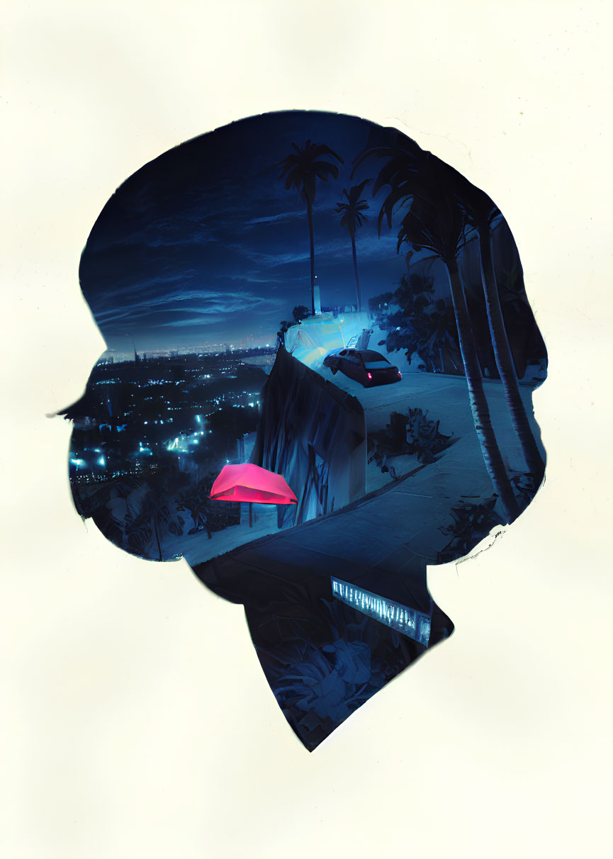 Nighttime Cityscape Silhouette with Tropical Vibes and Palm Trees