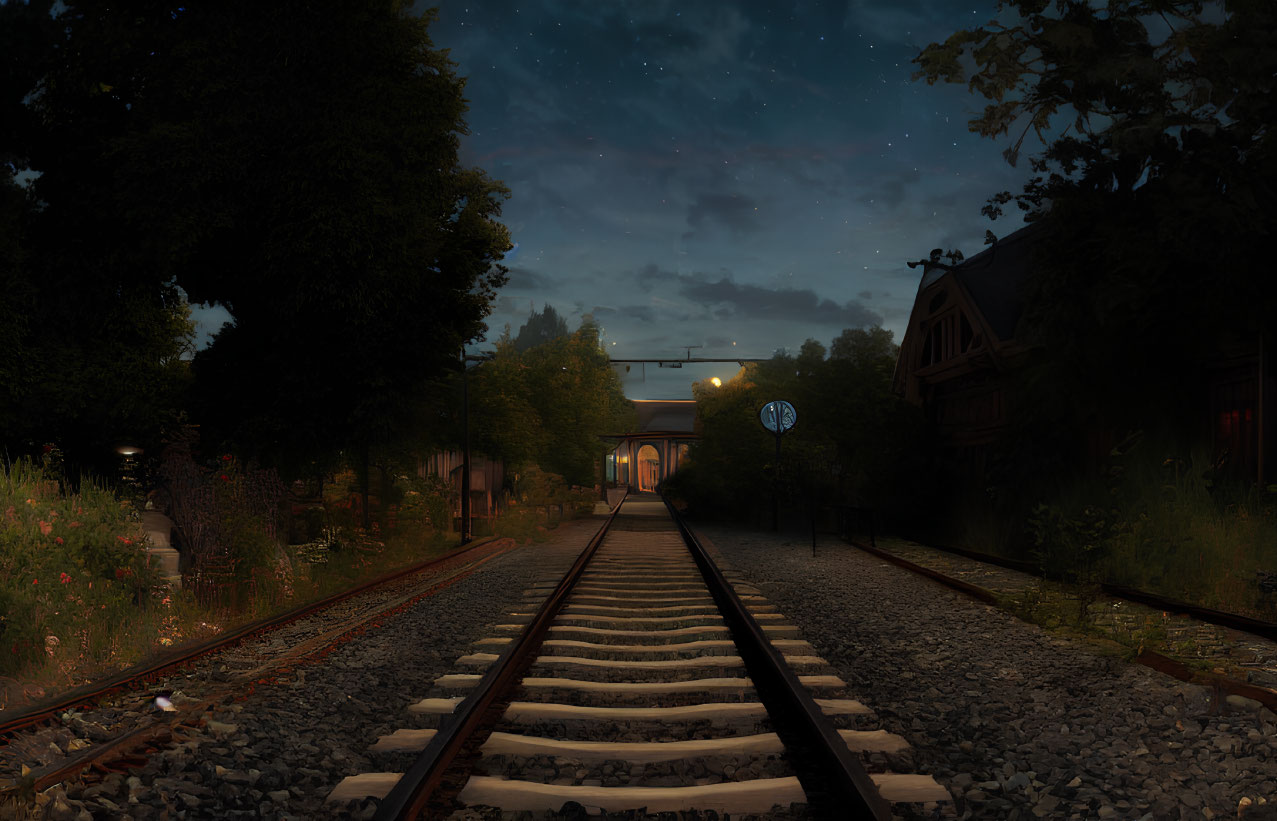 Starry night sky over railroad tracks and building