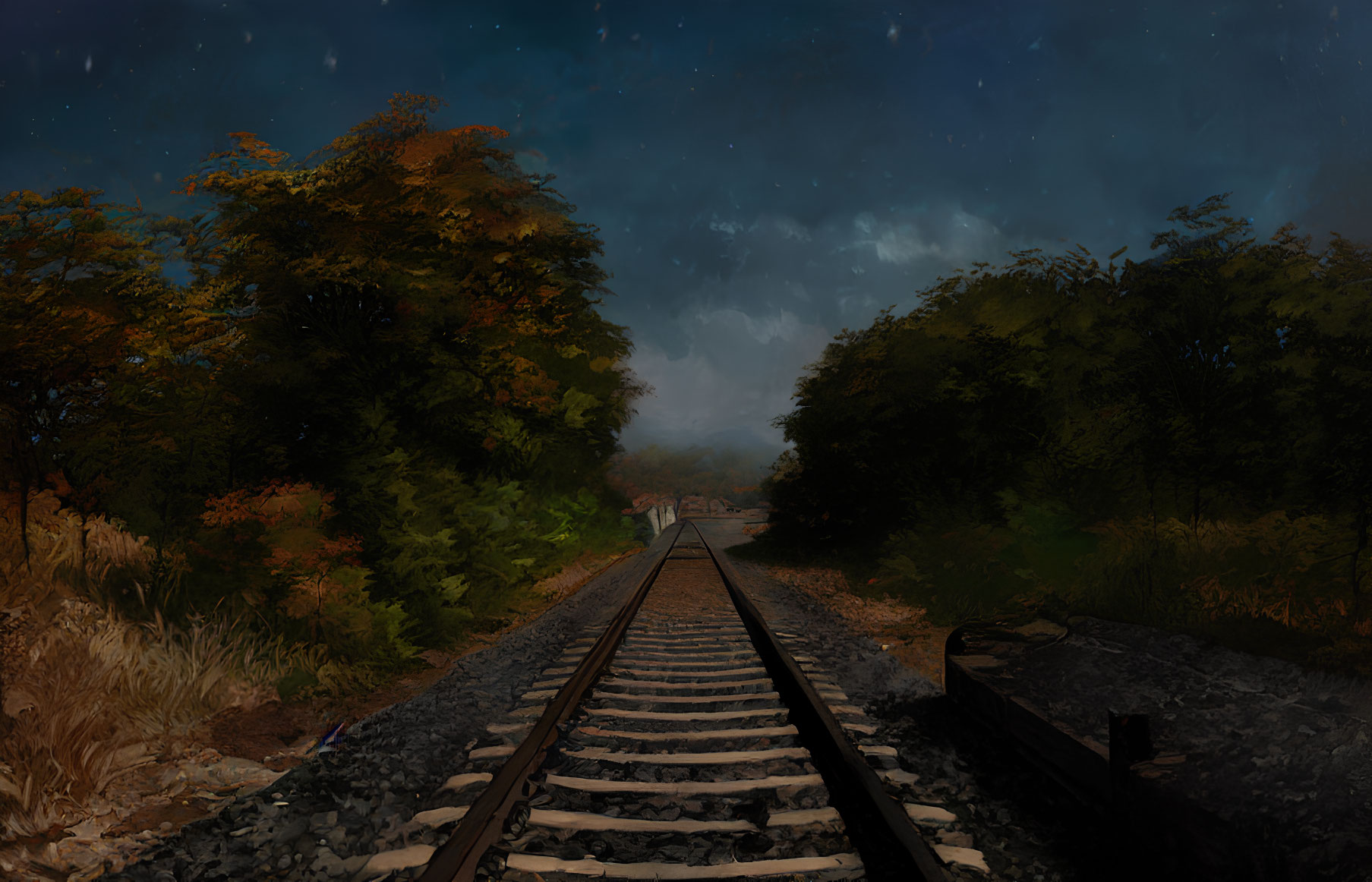 Autumn trees and railway tracks under starry night sky