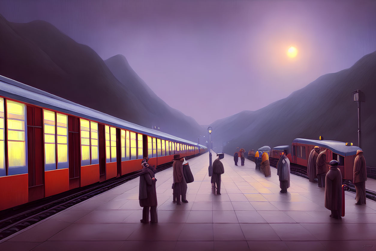 Vintage-style illustration: People on train platform at dusk with glowing carriage, mountainous backdrop, amber sky