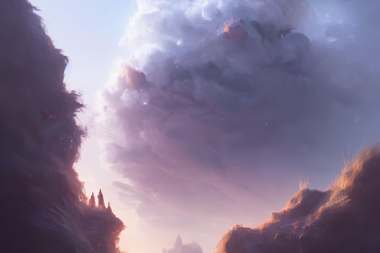 Fantastical landscape with floating islands and silhouettes in a purple and pink sky