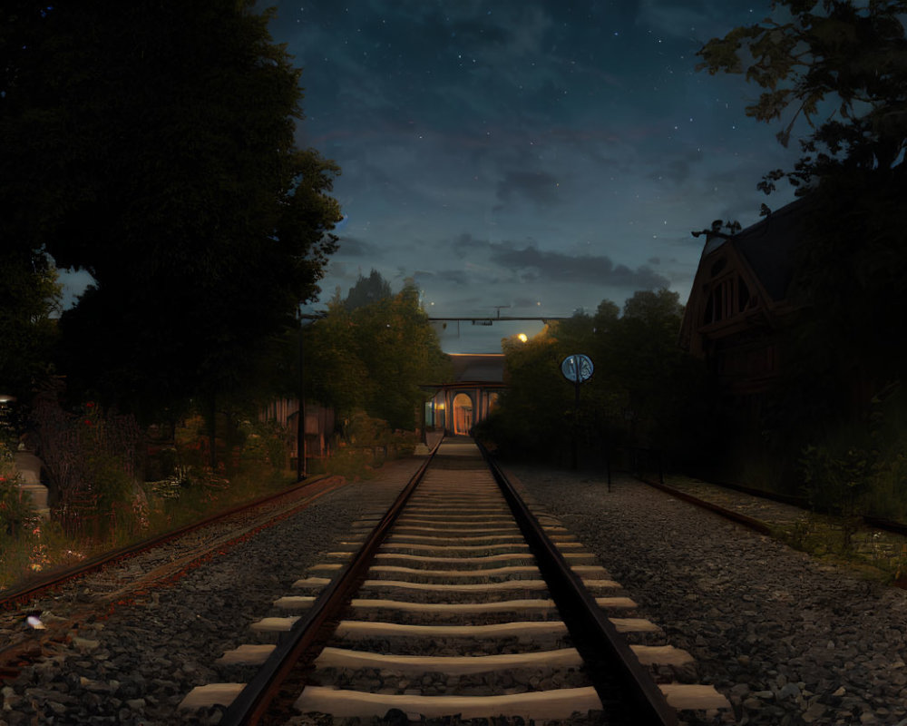 Starry night sky over railroad tracks and building