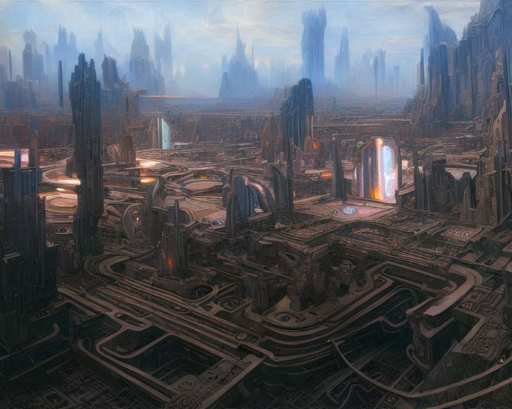 Futuristic cityscape with skyscrapers, roadways, and glowing portals at dusk