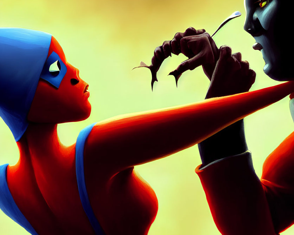 Animated characters in intense stare-down: female in red outfit with blue hood vs. male with dark skin