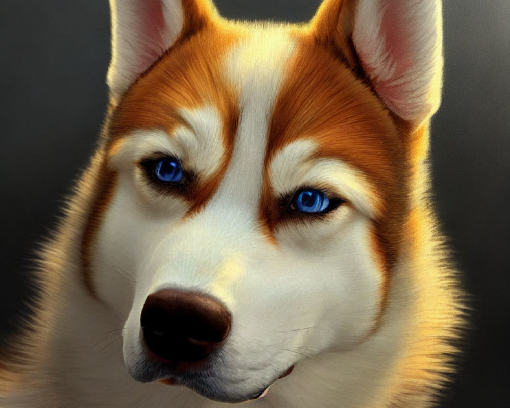 Digitally-rendered portrait of a husky with piercing blue eyes and warm fur coat