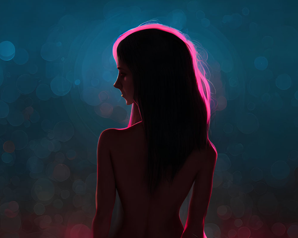 Silhouette of woman with neon outline on bokeh blue background