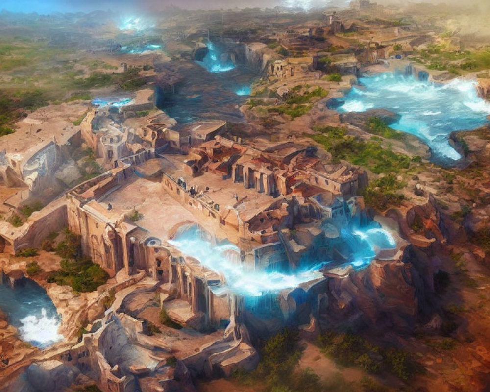 Fantastical landscape with ancient desert city, glowing waterfalls, rivers, and hazy sky