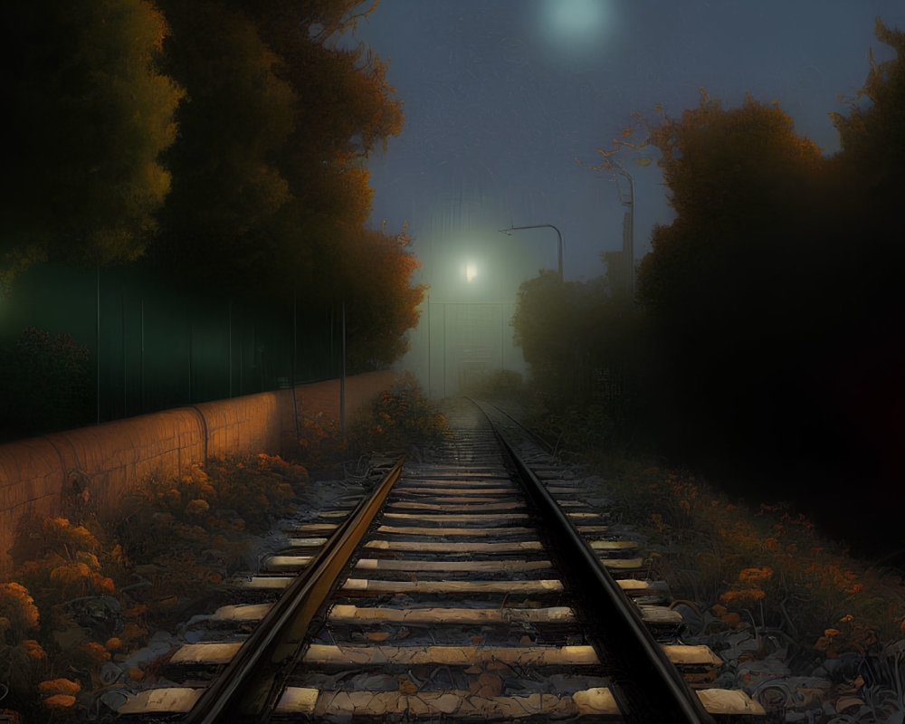 Nighttime railroad tracks bordered by trees and streetlights, with orange flowers.