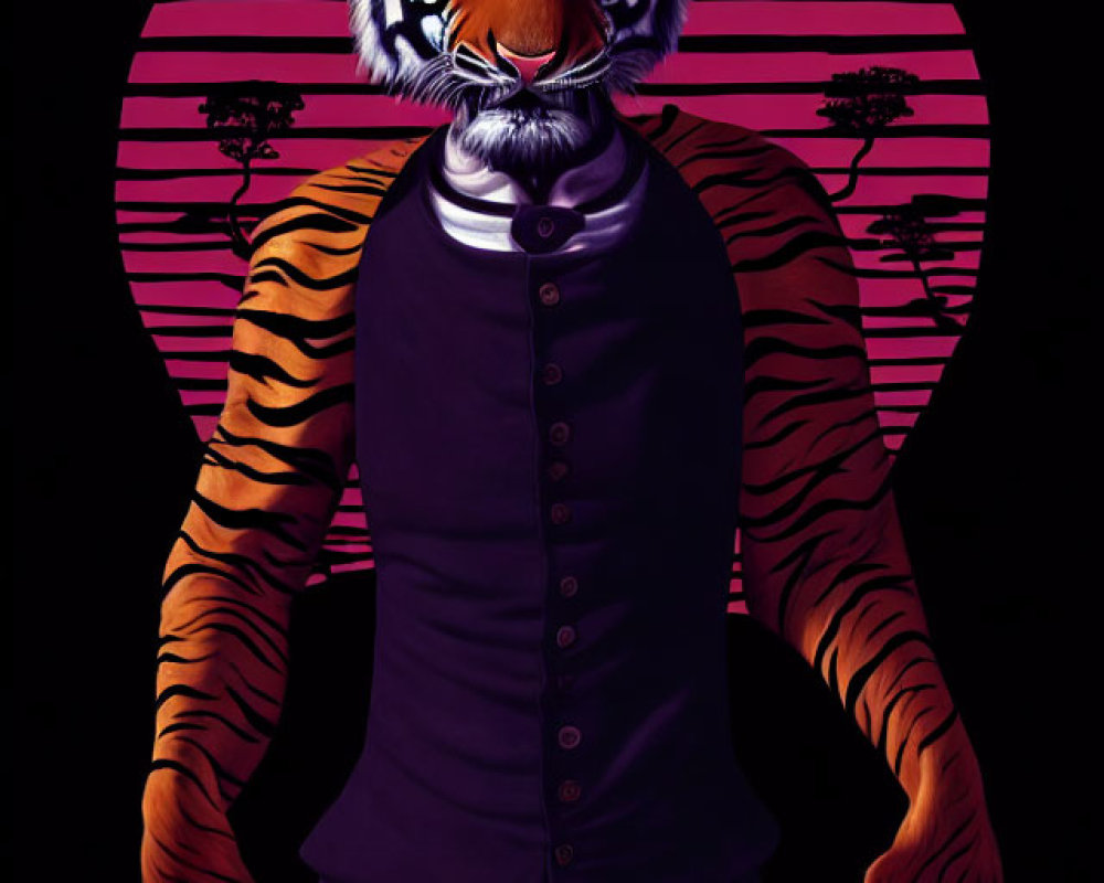 Anthropomorphic tiger in purple coat against pink circle backdrop with tree silhouettes