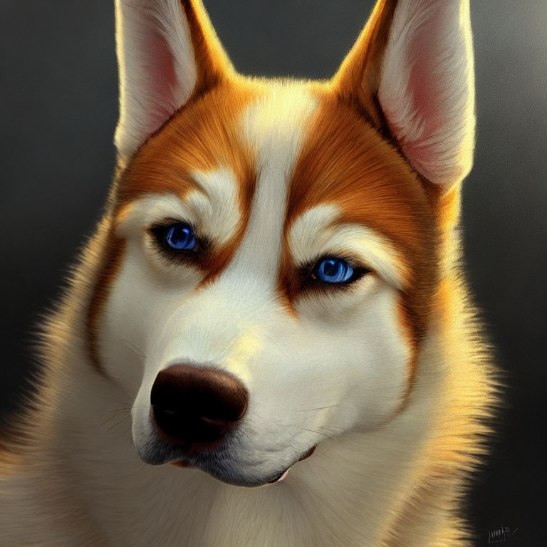 Digitally-rendered portrait of a husky with piercing blue eyes and warm fur coat