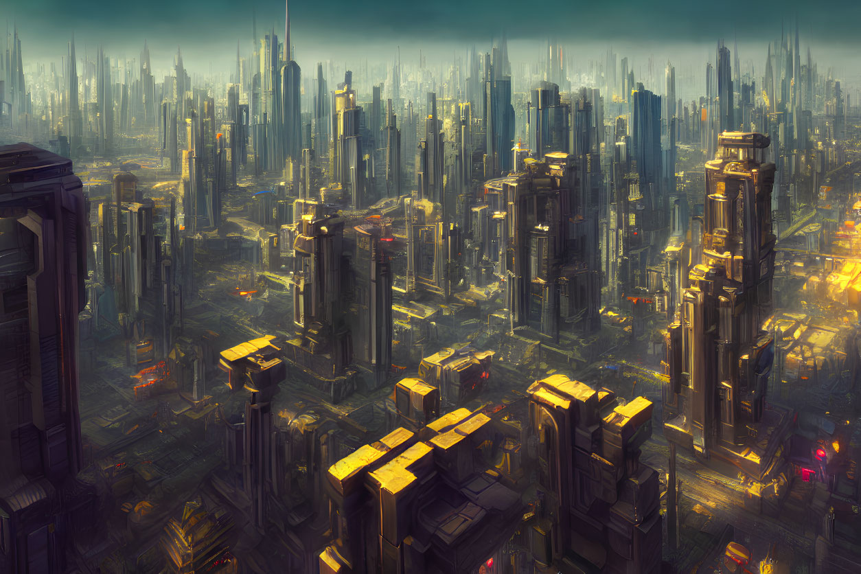 Futuristic cityscape at dusk with towering skyscrapers