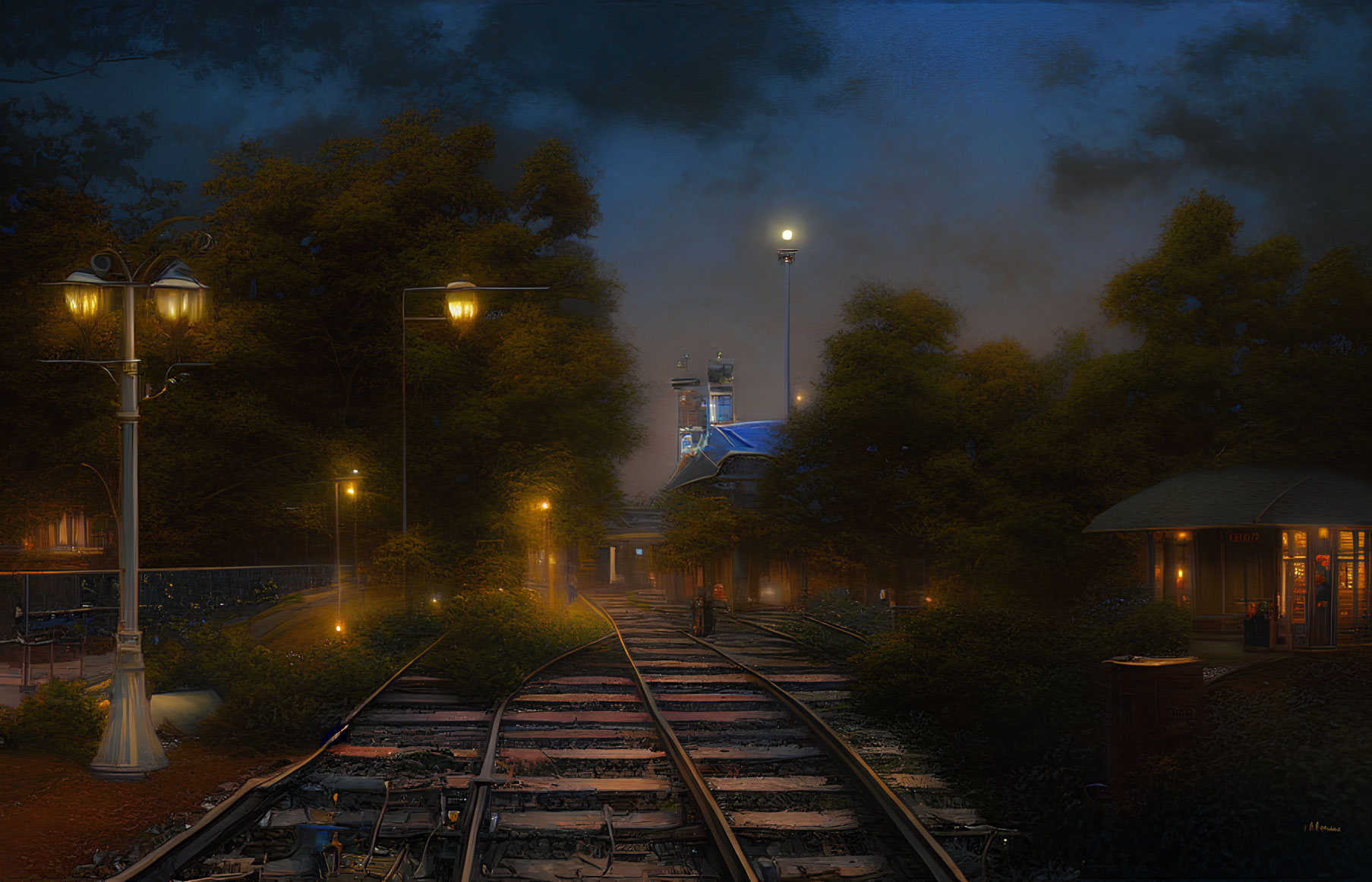 Tranquil night view: railway track, illuminated tower, streetlamps, shelter, dusky