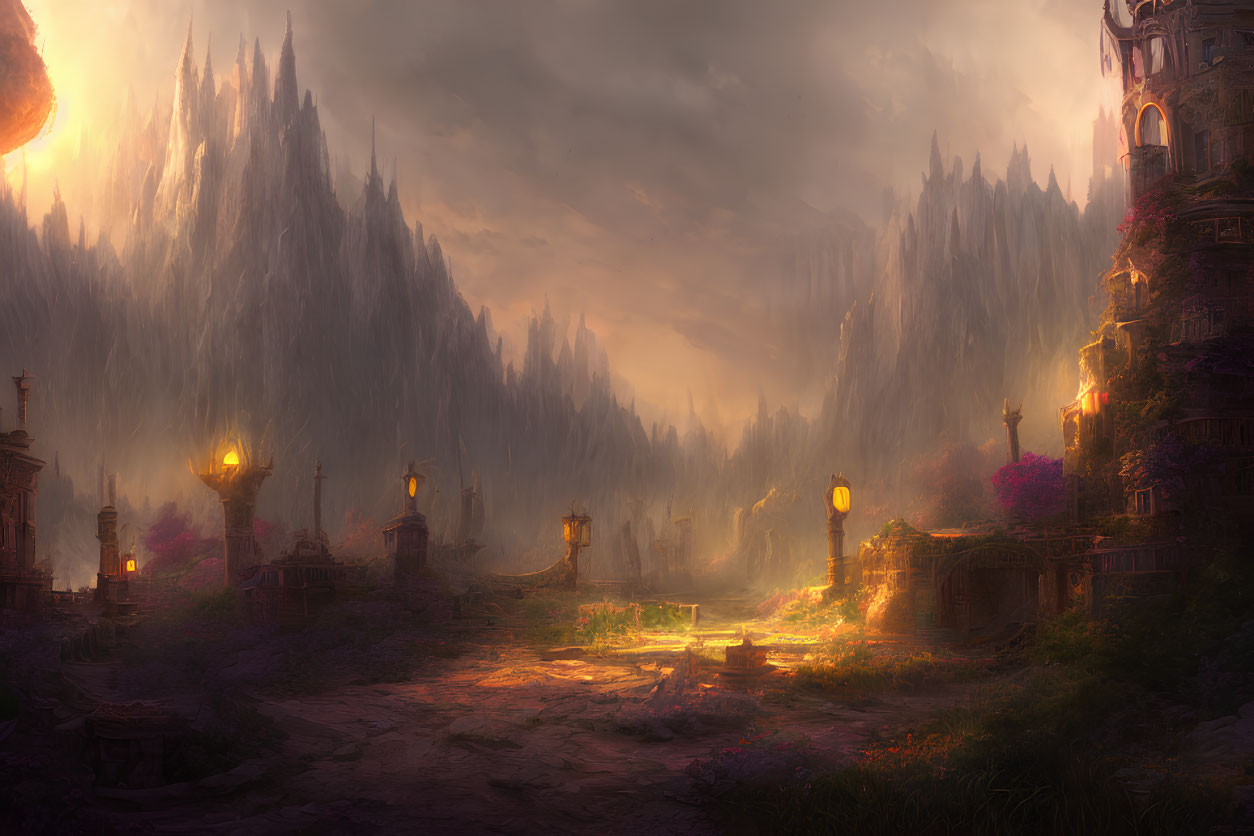 Golden-hued mystical landscape with illuminated towers and ancient ruins.