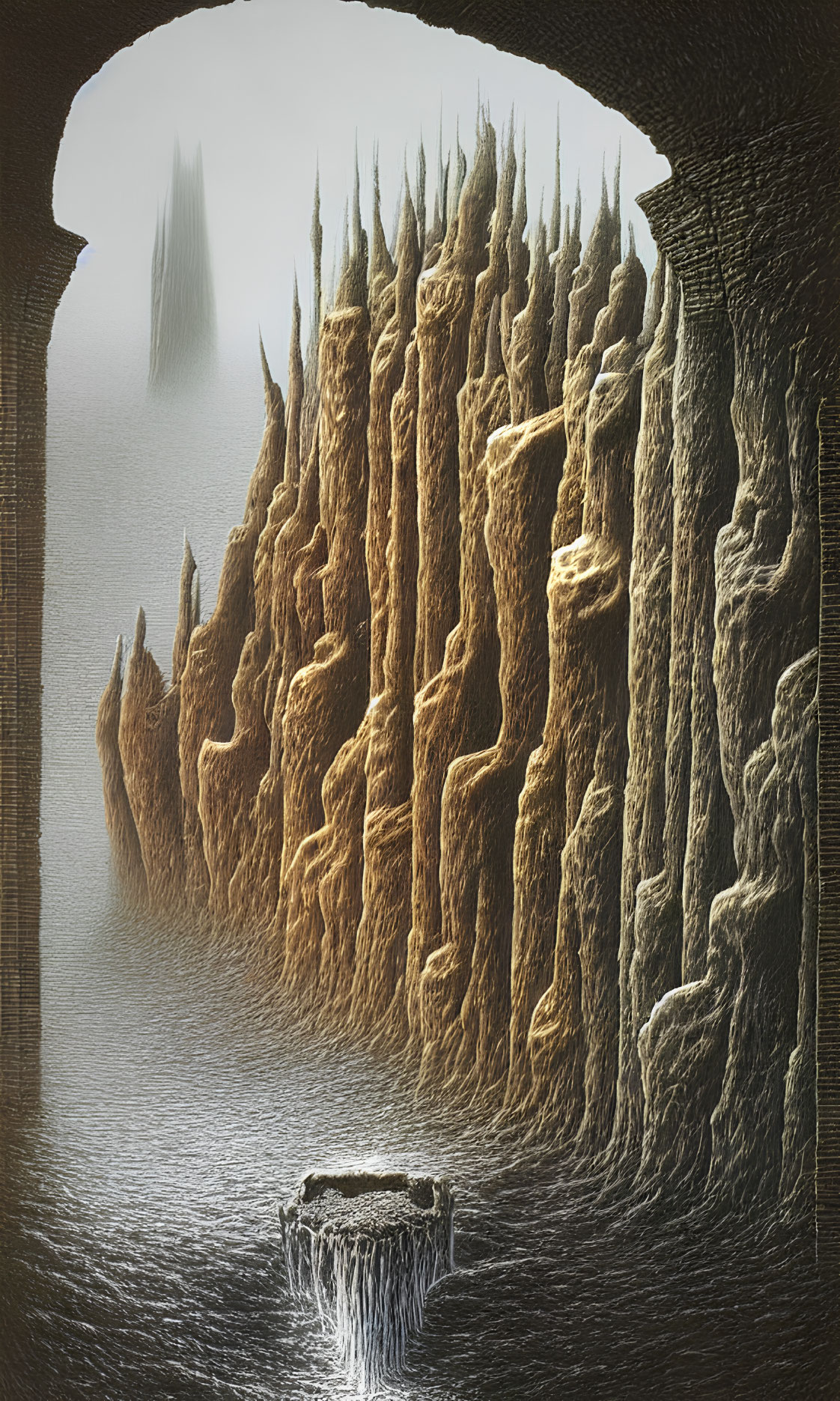 Dark cavern with stalactites, central rock formation, and water under dimly lit ceiling