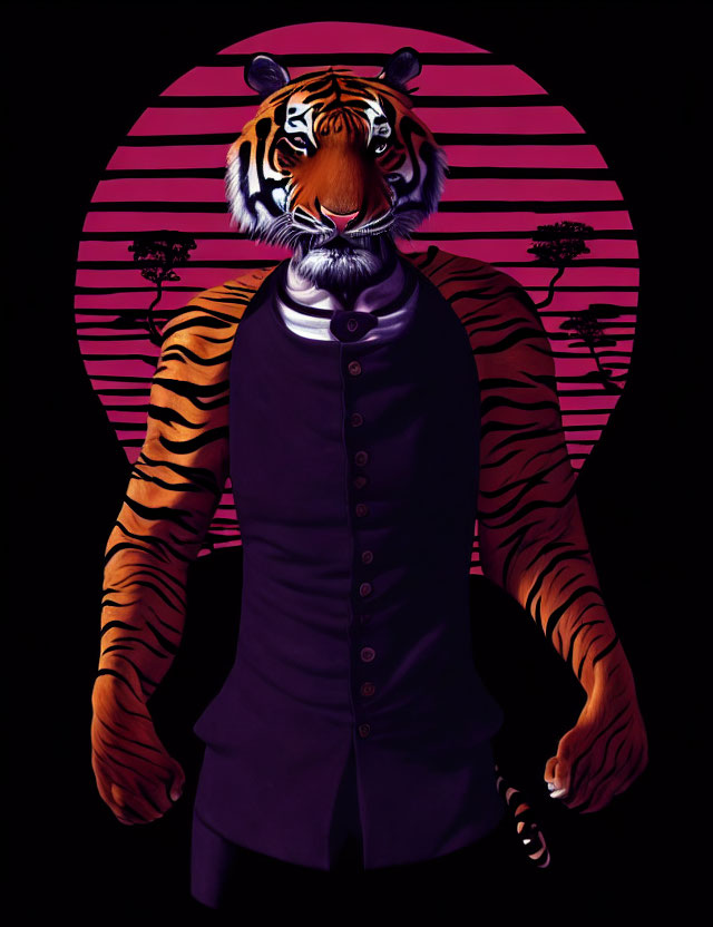 Anthropomorphic tiger in purple coat against pink circle backdrop with tree silhouettes