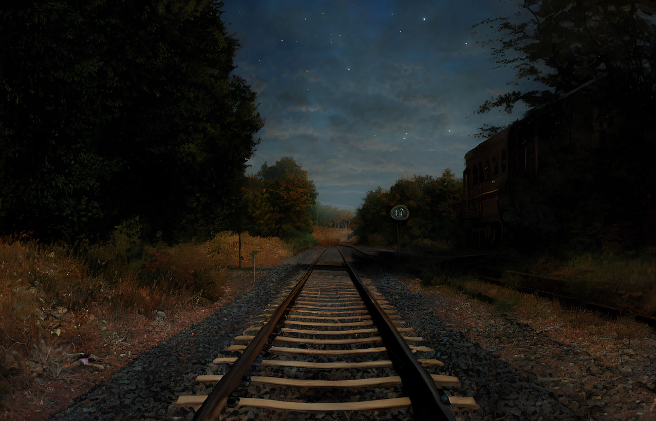 Deserted railroad tracks and old train carriage under dusky starry sky