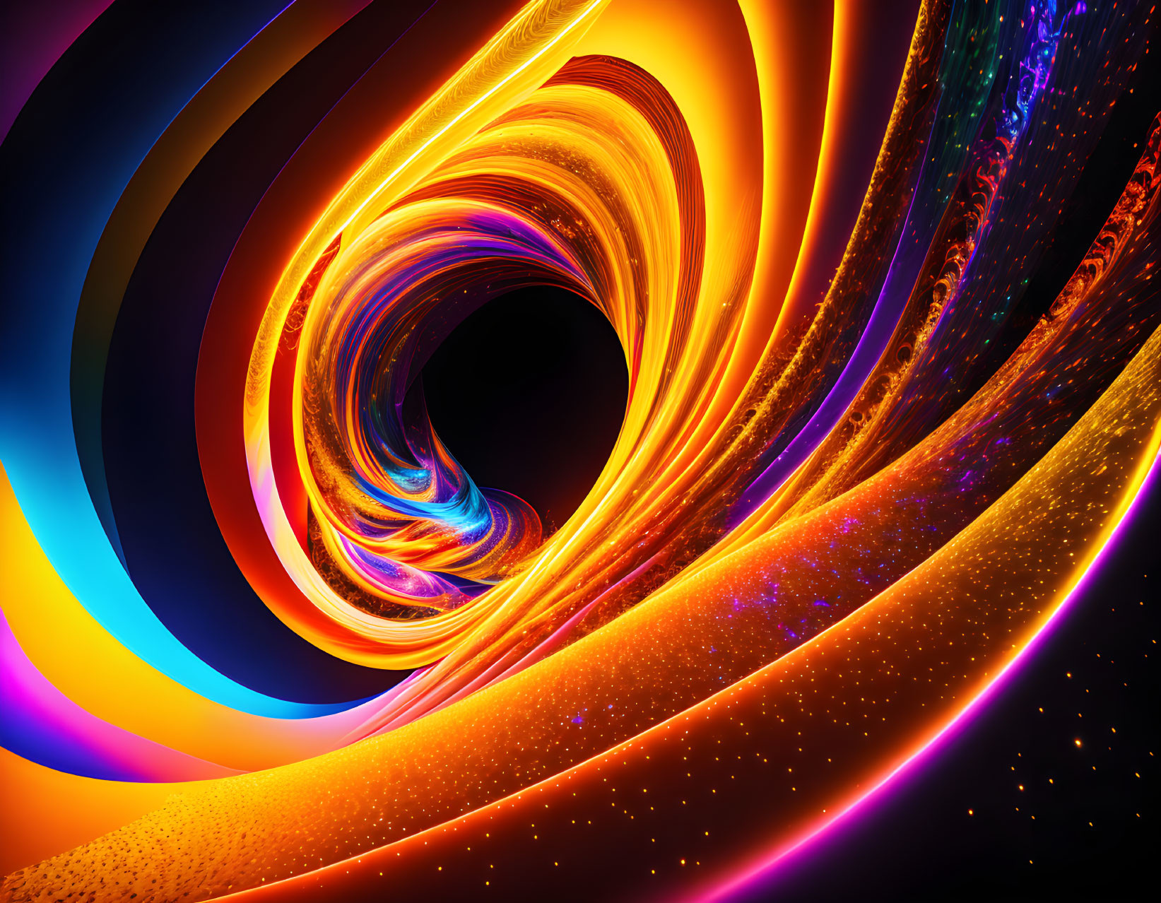 Colorful digital abstract artwork: Swirling vortex with radiant colors and sparkling particles